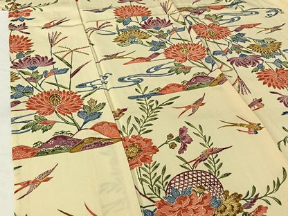 平和屋着物▽上質な小紋　単衣　風景花鳥文　正絹　逸品　AABH2245jh
