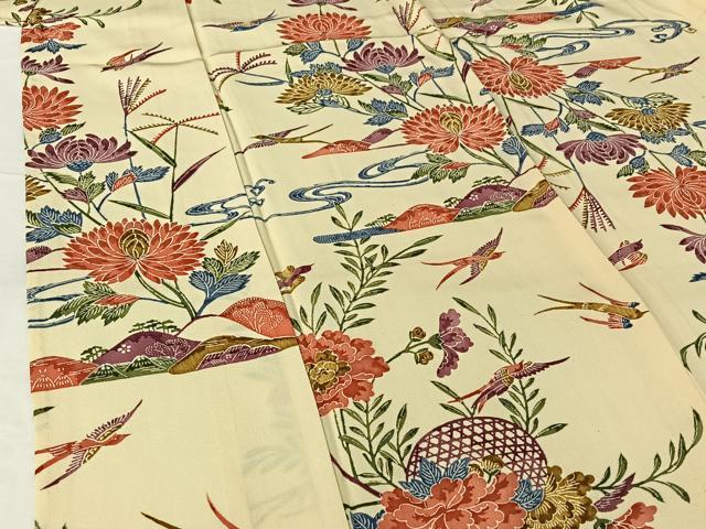 平和屋着物▽上質な小紋　単衣　風景花鳥文　正絹　逸品　AABH2245jh