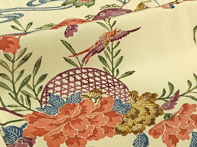 平和屋着物▽上質な小紋　単衣　風景花鳥文　正絹　逸品　AABH2245jh