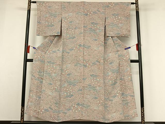 平和屋着物▽上質な小紋　単衣　風景花文　鬼しぼ縮緬　正絹　逸品　AABH2247jh