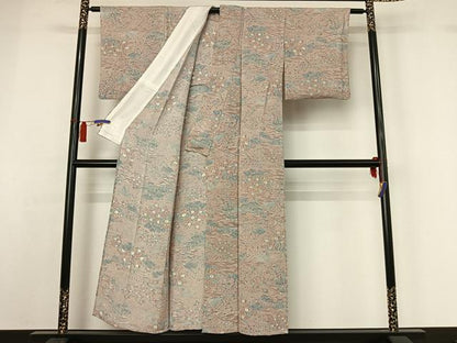 平和屋着物▽上質な小紋　単衣　風景花文　鬼しぼ縮緬　正絹　逸品　AABH2247jh
