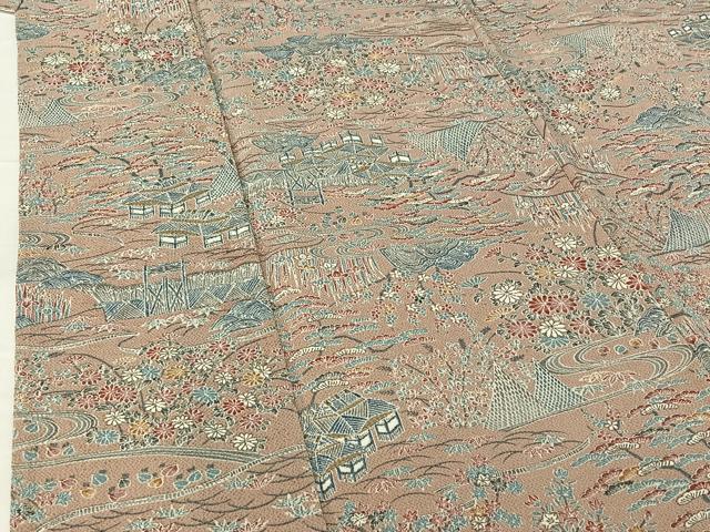 平和屋着物▽上質な小紋　単衣　風景花文　鬼しぼ縮緬　正絹　逸品　AABH2247jh