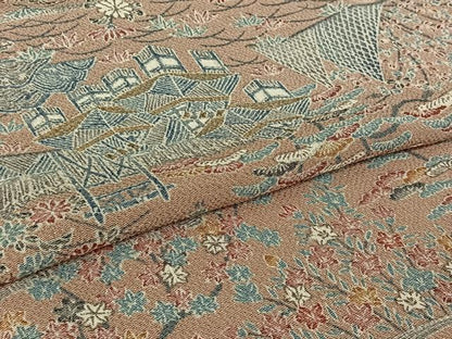 平和屋着物▽上質な小紋　単衣　風景花文　鬼しぼ縮緬　正絹　逸品　AABH2247jh
