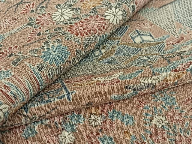 平和屋着物▽上質な小紋　単衣　風景花文　鬼しぼ縮緬　正絹　逸品　AABH2247jh