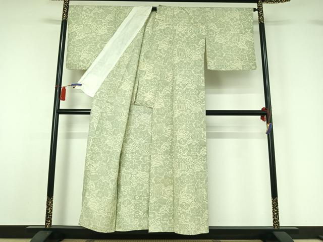 平和屋着物▽本塩沢　単衣　吉祥梅文　正絹　逸品　AABH2255jh