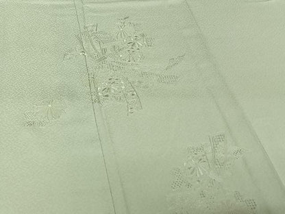 平和屋着物▽無地絵羽訪問着　単衣　中国三大刺繍　汕頭刺繍　スワトウ刺繍　総刺繍　束ね熨斗花地紋　蕎麦切色　正絹　逸品　AABH2256jh