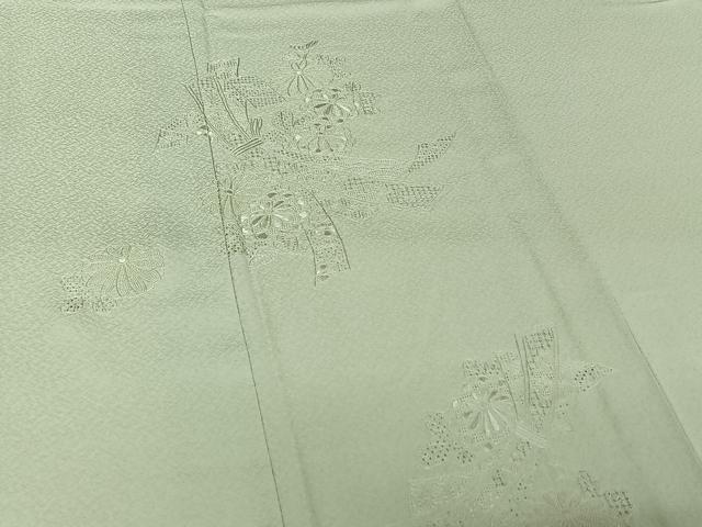 平和屋着物▽無地絵羽訪問着　単衣　中国三大刺繍　汕頭刺繍　スワトウ刺繍　総刺繍　束ね熨斗花地紋　蕎麦切色　正絹　逸品　AABH2256jh