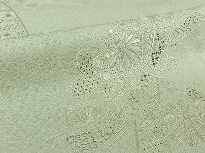 平和屋着物▽無地絵羽訪問着　単衣　中国三大刺繍　汕頭刺繍　スワトウ刺繍　総刺繍　束ね熨斗花地紋　蕎麦切色　正絹　逸品　AABH2256jh