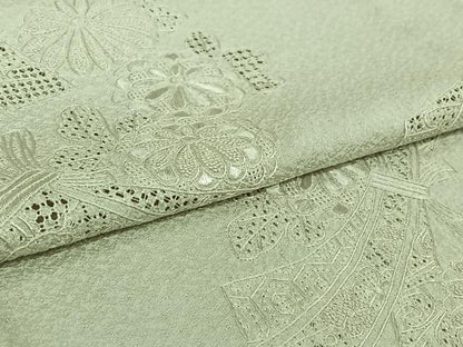 平和屋着物▽無地絵羽訪問着　単衣　中国三大刺繍　汕頭刺繍　スワトウ刺繍　総刺繍　束ね熨斗花地紋　蕎麦切色　正絹　逸品　AABH2256jh