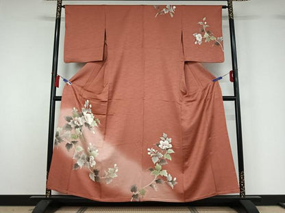 平和屋着物▽訪問着　単衣　作家物　刺繍　草花文　暈し染め　金糸　正絹　逸品　AABH2259jh