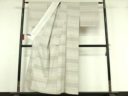 平和屋着物▽結城紬　単衣　80亀甲　横段文　正絹　逸品　AABH2270jh