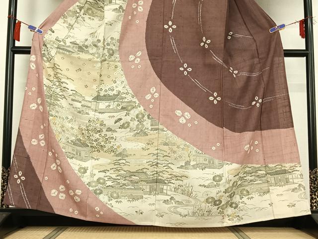 平和屋着物▽染織の名門　しょうざん  生紬　訪問着　単衣　絞り　手描き　風景花文　金彩　正絹　逸品　AABH2271jh