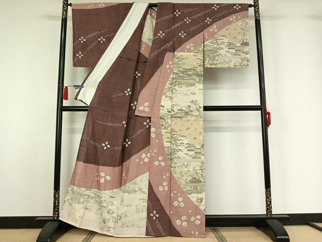 平和屋着物▽染織の名門　しょうざん  生紬　訪問着　単衣　絞り　手描き　風景花文　金彩　正絹　逸品　AABH2271jh