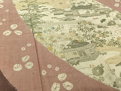 平和屋着物▽染織の名門　しょうざん  生紬　訪問着　単衣　絞り　手描き　風景花文　金彩　正絹　逸品　AABH2271jh