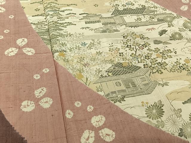 平和屋着物▽染織の名門　しょうざん  生紬　訪問着　単衣　絞り　手描き　風景花文　金彩　正絹　逸品　AABH2271jh