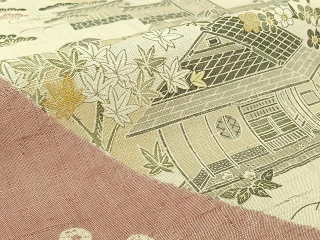 平和屋着物▽染織の名門　しょうざん  生紬　訪問着　単衣　絞り　手描き　風景花文　金彩　正絹　逸品　AABH2271jh
