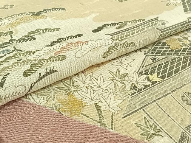 平和屋着物▽染織の名門　しょうざん  生紬　訪問着　単衣　絞り　手描き　風景花文　金彩　正絹　逸品　AABH2271jh