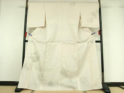 平和屋着物▽訪問着　単衣　紬地　手描き　草花文　正絹　逸品　AABH2273jh