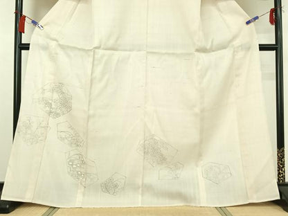 平和屋着物▽訪問着　単衣　紬地　手描き　草花文　正絹　逸品　AABH2273jh