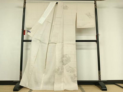 平和屋着物▽訪問着　単衣　紬地　手描き　草花文　正絹　逸品　AABH2273jh