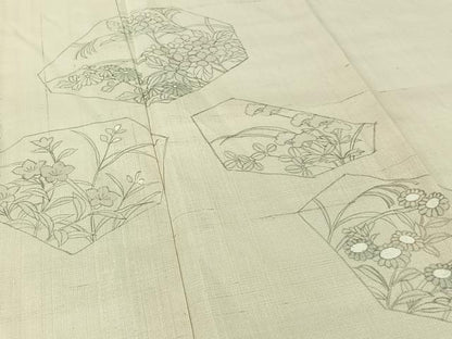 平和屋着物▽訪問着　単衣　紬地　手描き　草花文　正絹　逸品　AABH2273jh