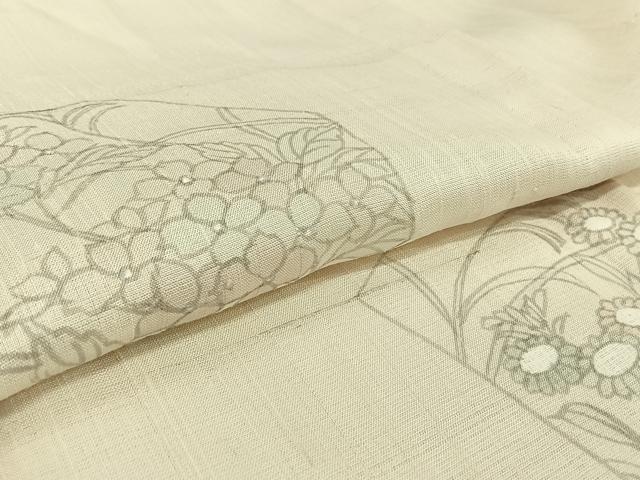 平和屋着物▽訪問着　単衣　紬地　手描き　草花文　正絹　逸品　AABH2273jh