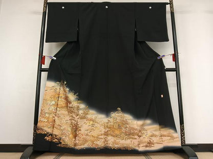 平和屋着物▽豪華黒留袖　単衣　作家物　御所車風景花文　暈し染め　金彩　正絹　逸品　AABH2274jh