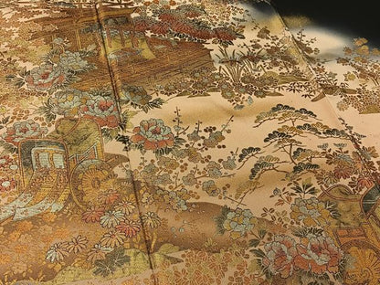 平和屋着物▽豪華黒留袖　単衣　作家物　御所車風景花文　暈し染め　金彩　正絹　逸品　AABH2274jh