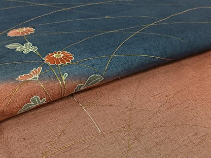 平和屋着物▽訪問着　単衣　紬地　刺繍　草花文　暈し染め　金彩　金糸　正絹　逸品　AABH2275jh