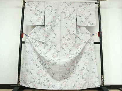 平和屋着物▽上質な紬　単衣　草花文　正絹　逸品　AABH2276jh