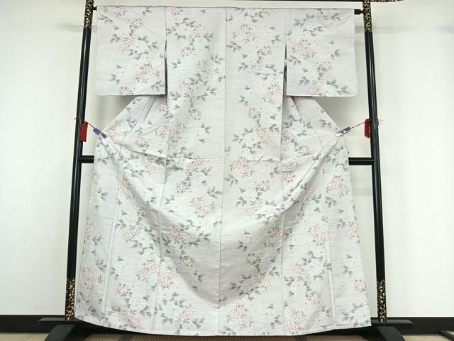 平和屋着物▽上質な紬　単衣　草花文　正絹　逸品　AABH2276jh