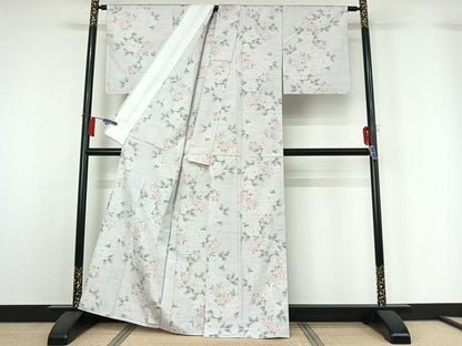 平和屋着物▽上質な紬　単衣　草花文　正絹　逸品　AABH2276jh
