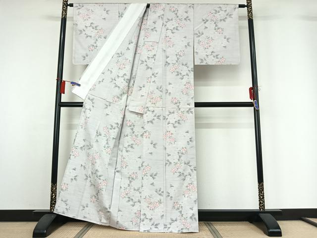 平和屋着物▽上質な紬　単衣　草花文　正絹　逸品　AABH2276jh