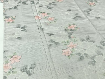 平和屋着物▽上質な紬　単衣　草花文　正絹　逸品　AABH2276jh