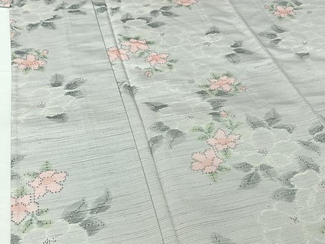 平和屋着物▽上質な紬　単衣　草花文　正絹　逸品　AABH2276jh