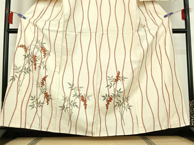 平和屋着物▽訪問着　単衣　紬地　駒刺繍　南天文　金彩　正絹　逸品　AABH2279jh 平和屋着物▽訪問着 単衣 紬地 駒刺繍 南天文 金彩 正絹
