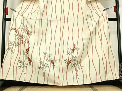 平和屋着物▽訪問着　単衣　紬地　駒刺繍　南天文　金彩　正絹　逸品　AABH2279jh