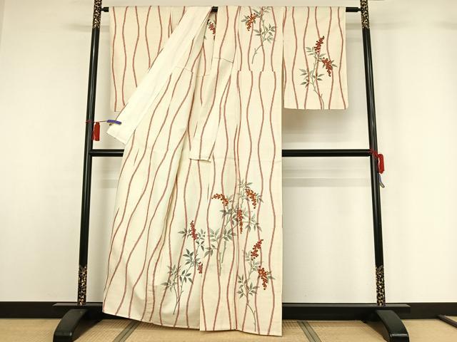 平和屋着物▽訪問着　単衣　手描き　南天文　正絹　逸品　BAAS8039yc 平和屋着物▽訪問着 単衣 紬地 駒刺繍 南天文 金彩 正絹