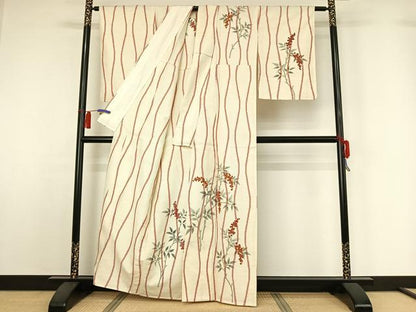 平和屋着物▽訪問着　単衣　紬地　駒刺繍　南天文　金彩　正絹　逸品　AABH2279jh