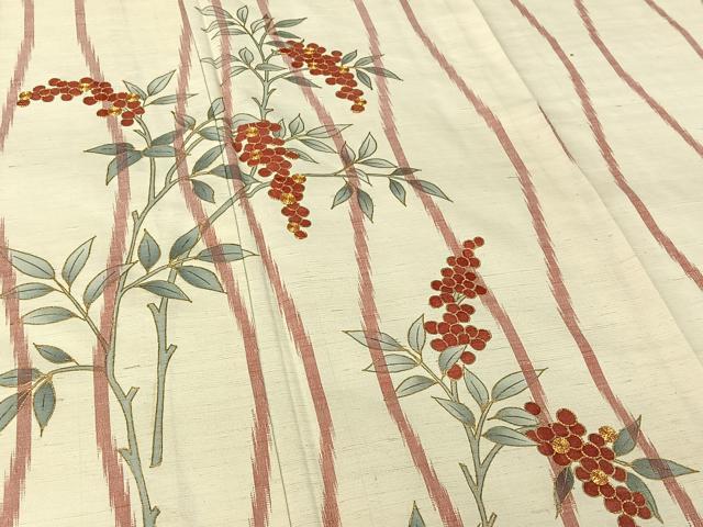平和屋着物▽訪問着 単衣 紬地 駒刺繍 南天文 金彩 正絹