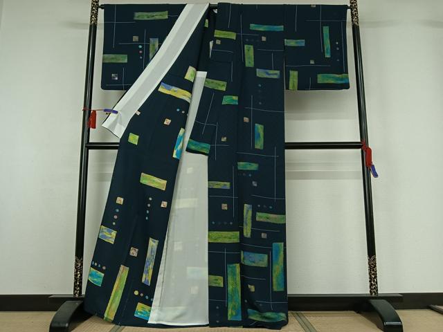 平和屋着物▽訪問着　単衣　お召地　幾何学文様　正絹　逸品　AABH2283jh