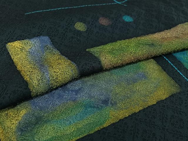 平和屋着物▽訪問着　単衣　お召地　幾何学文様　正絹　逸品　AABH2283jh