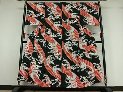 平和屋着物▽小紋　単衣　立波文　黒地　洗える着物　AABH2288jh