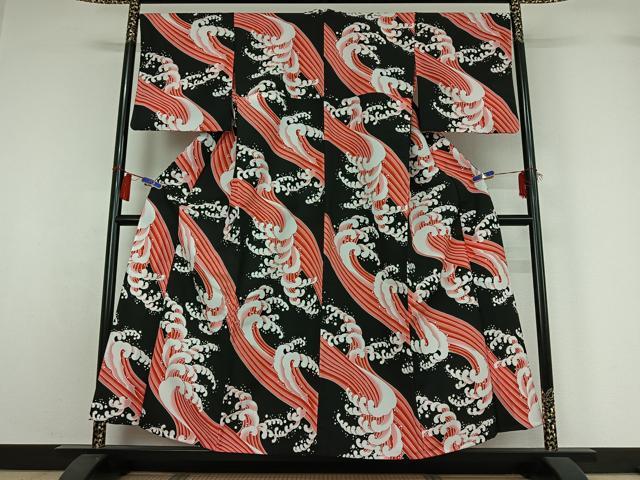 平和屋着物▽小紋　単衣　立波文　黒地　洗える着物　AABH2288jh