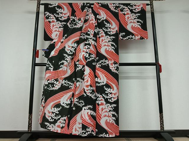 平和屋着物▽小紋　単衣　立波文　黒地　洗える着物　AABH2288jh