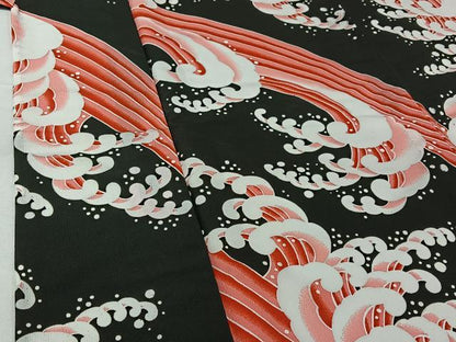 平和屋着物▽小紋　単衣　立波文　黒地　洗える着物　AABH2288jh