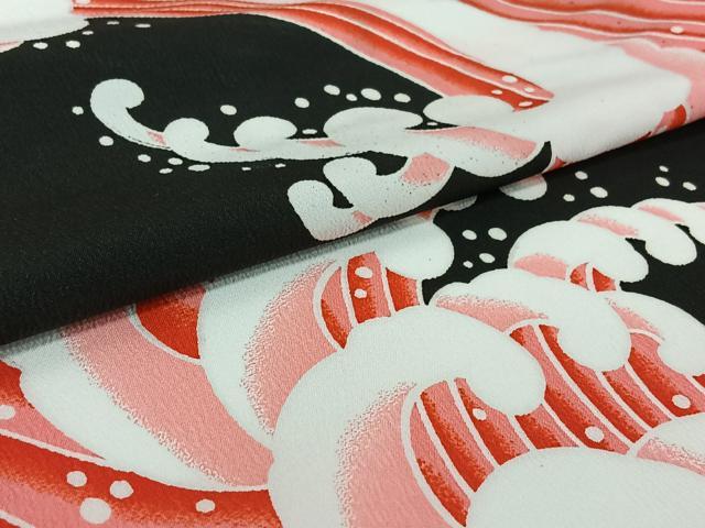 平和屋着物▽小紋　単衣　立波文　黒地　洗える着物　AABH2288jh