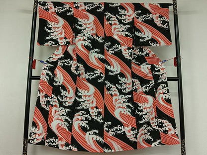 平和屋着物▽小紋　単衣　立波文　黒地　洗える着物　AABH2289jh