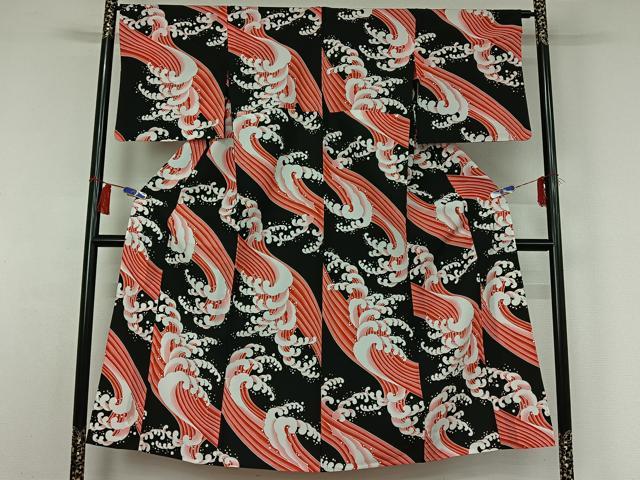 平和屋着物▽小紋　単衣　立波文　黒地　洗える着物　AABH2289jh