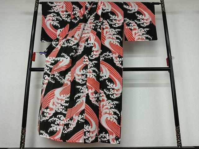 平和屋着物▽小紋　単衣　立波文　黒地　洗える着物　AABH2289jh